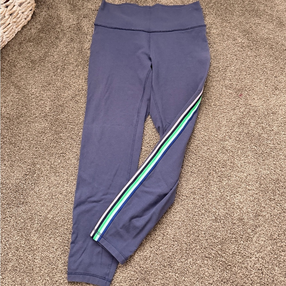 Navy Athletic Leggings with Green & White Side Stripe